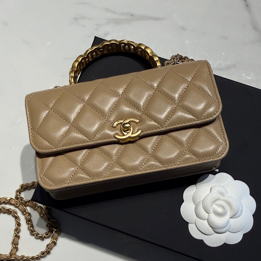CHANEL Beige Quilted Mini Crossbody with Gold Hardware